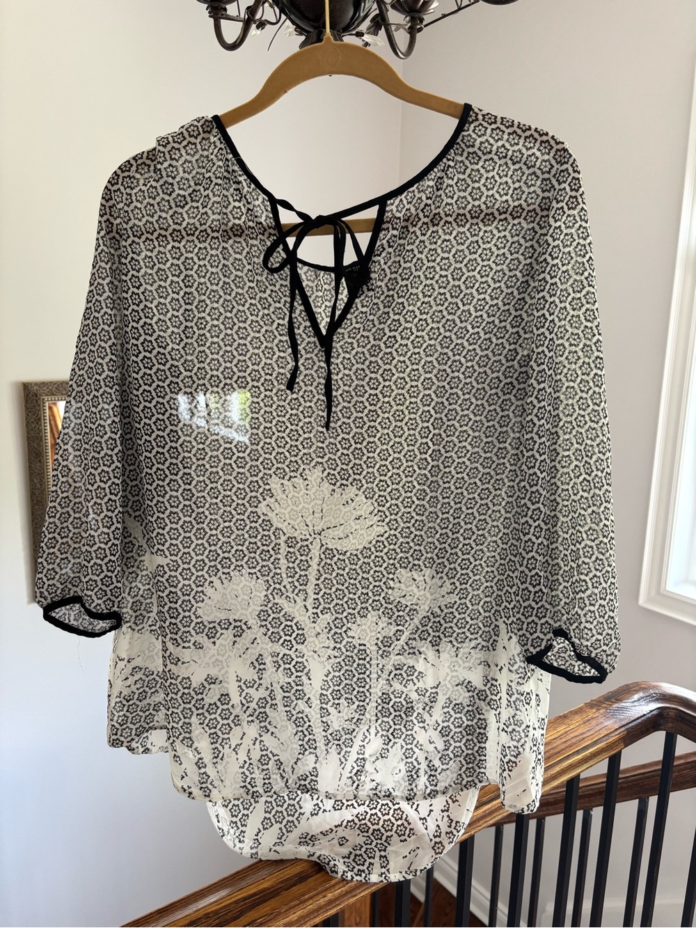 Ann Taylor Black and White Floral Tie-Neck Sheer Blouse